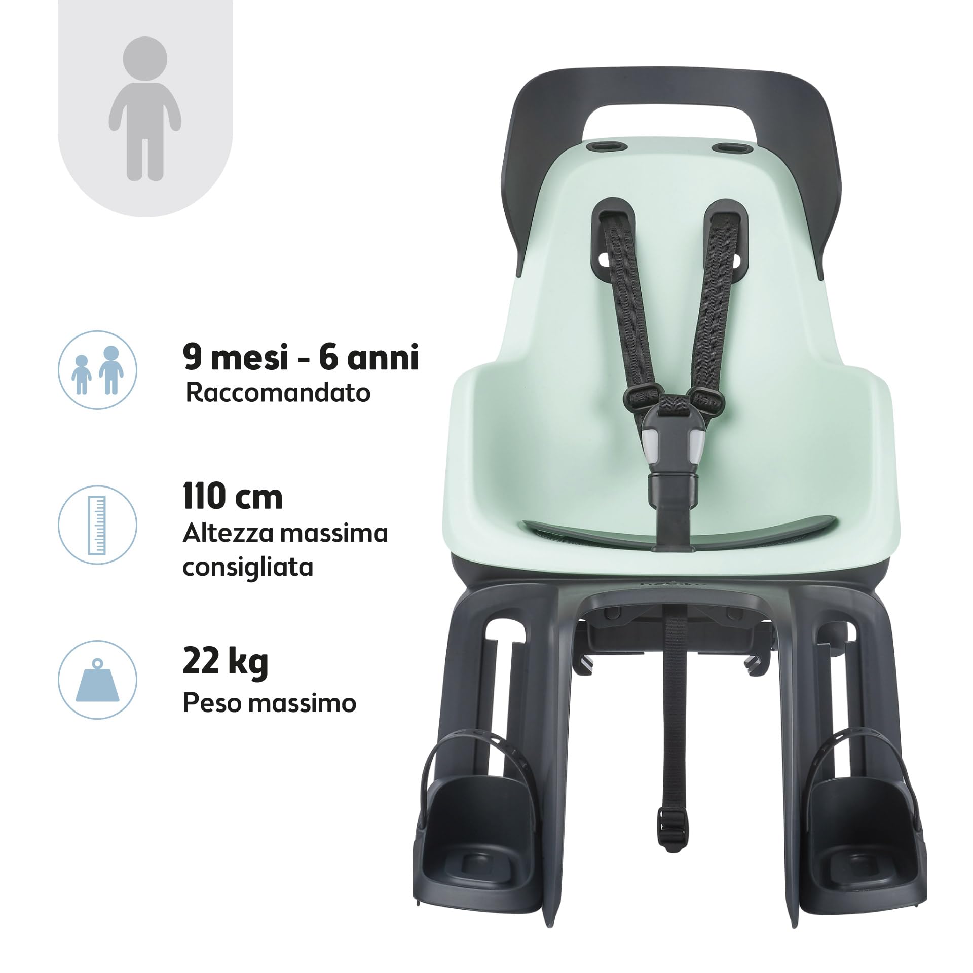 Bobike 8012300003 GO Maxi CFS XR Seggiolino Posteriore Per Bici Con Portapacchi, Per Bambini Da 9 Mesi A 6 Anni, Max 22 kg, Poggiapiedi Regolabili, Installazione Senza Attrezzi, Menta Marshmallow