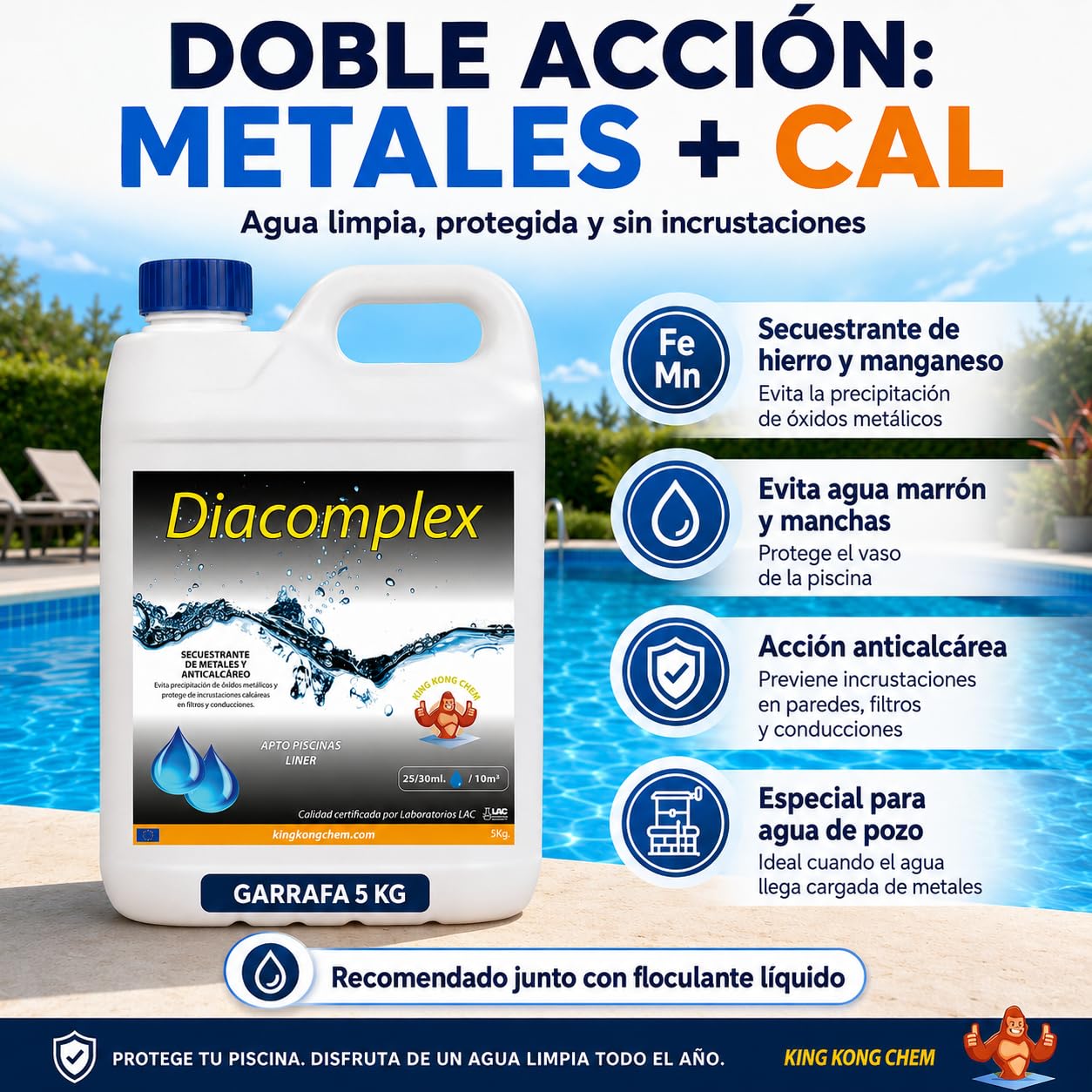 Diacomplex 5 litros - SECUESTRANTE DE Metales (Hierro, Calcio, manganeso...) Y ANTICALCÁREO para Piscina. Ideal para el Uso en Aguas Que se vuelven Marrones al echar el Cloro
