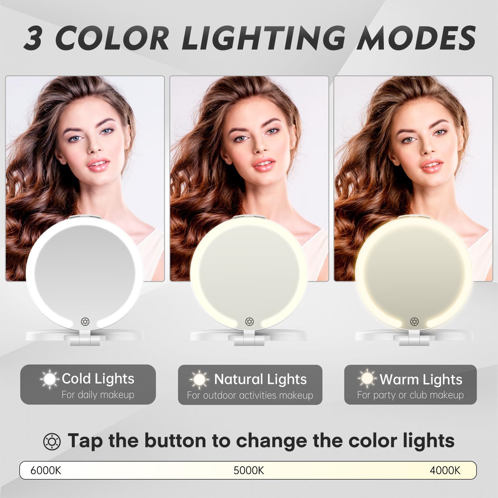 FUNTOUCH Espejo de aumento de viaje con luz, recargable 1X/10X, espejo de maquillaje de doble cara con luces, 3 modos de iluminación, plegable portátil esencial de viaje con bolsa