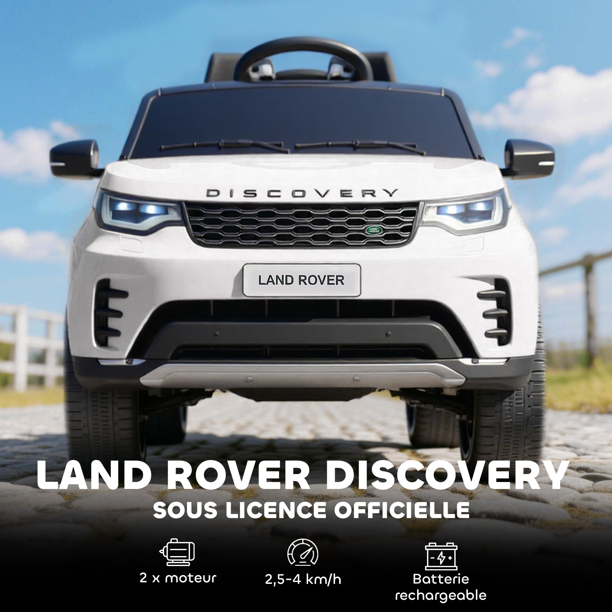 AIYAPLAY Macchina Elettrica Bambini Licenza Land Rover Discovery 12V Bianco | 3-6 Anni, 2.5-4.5 km/h, Auto Elettrica per Bambini, Sospensioni, Telecomando, USB, Musica, Fari, Clacson