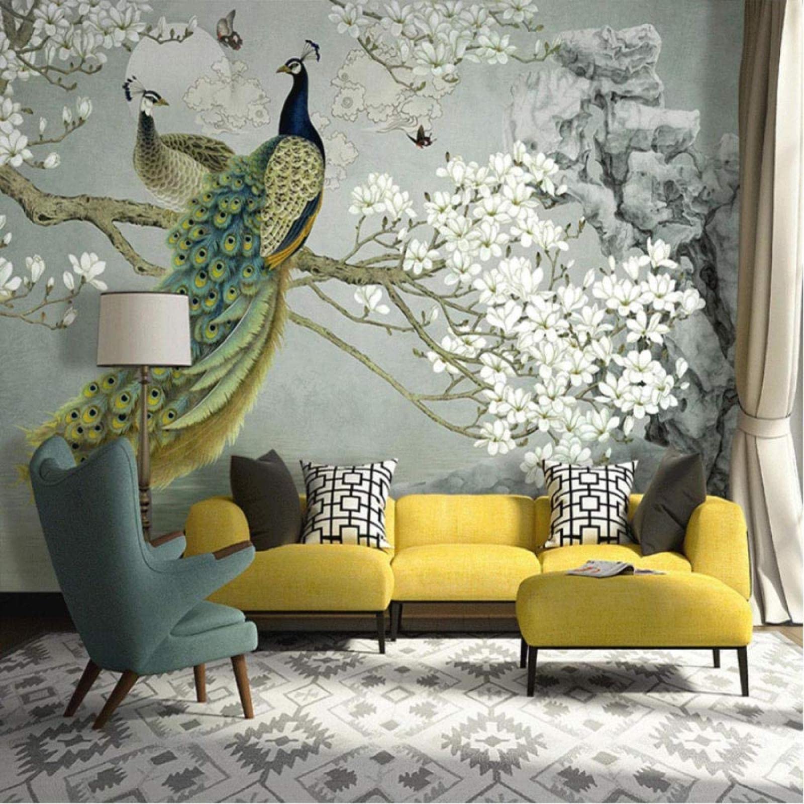 Carta da parati con fiori di magnolia bianca, farfalla, pavone, lago, arte murale, arte per ristorante, bar, decorazione domestica, grandi dimensioni, 350 x 256 cm