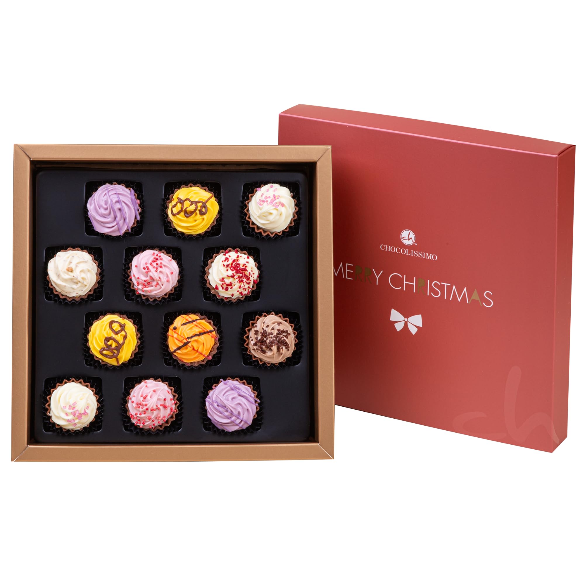 Świąteczne pralinki Cupcakes x 12 - | czekolada | Boże Narodzenie | przyjęcie | prezent | dzieci | dla mężczyzn | dla kobiet | do domu | ozdoba | dekoracja | słodycze | pyszne | wykwintne | Wigilia | pralinki| pudełko | czekoladki | muffinki