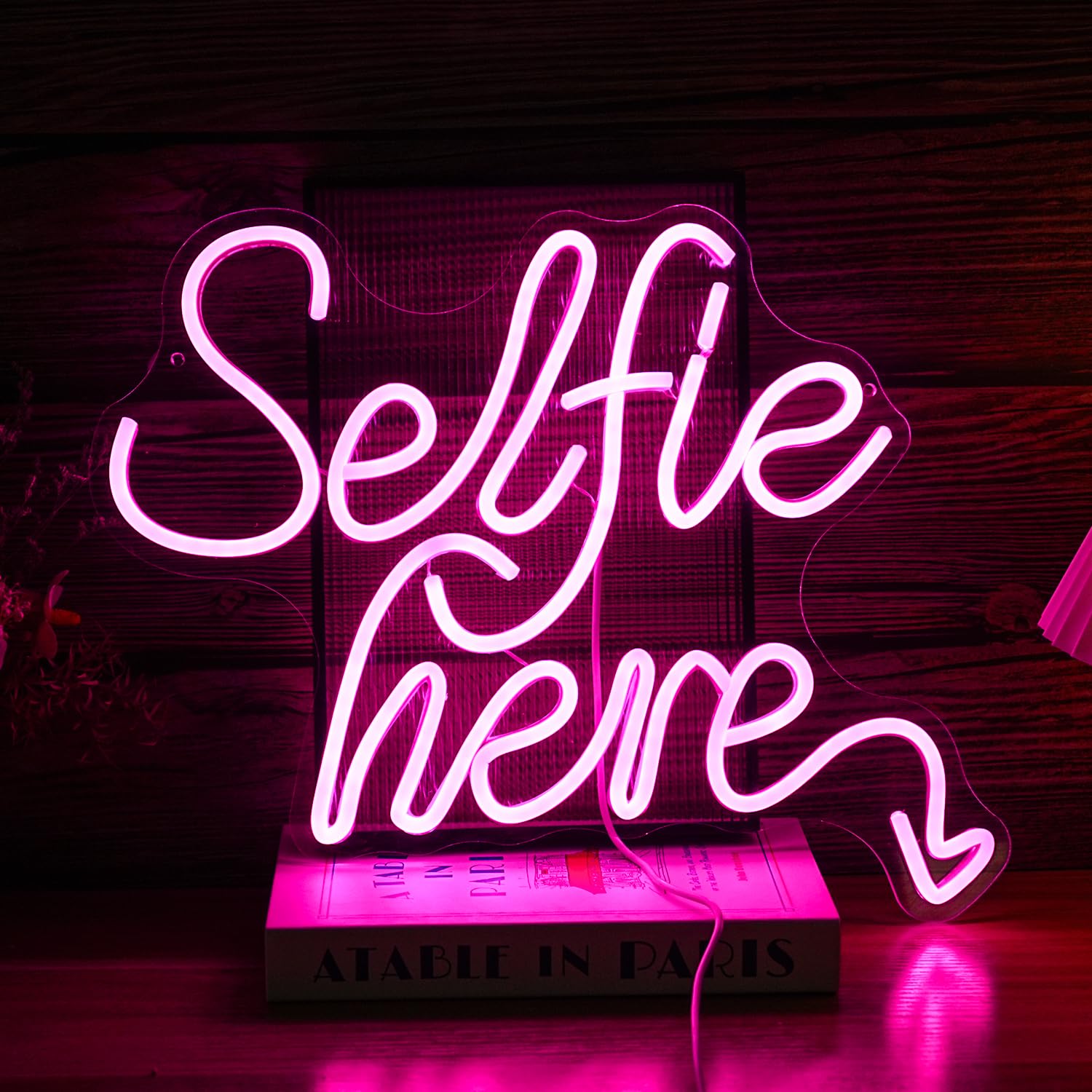 BNEMCEZH Selfie Here Neon Sign Dimmable Pink Words Light Up Sign for Wall Decor Selfie Led Neon Light for Selfie Station Photo Studio Bedroom
