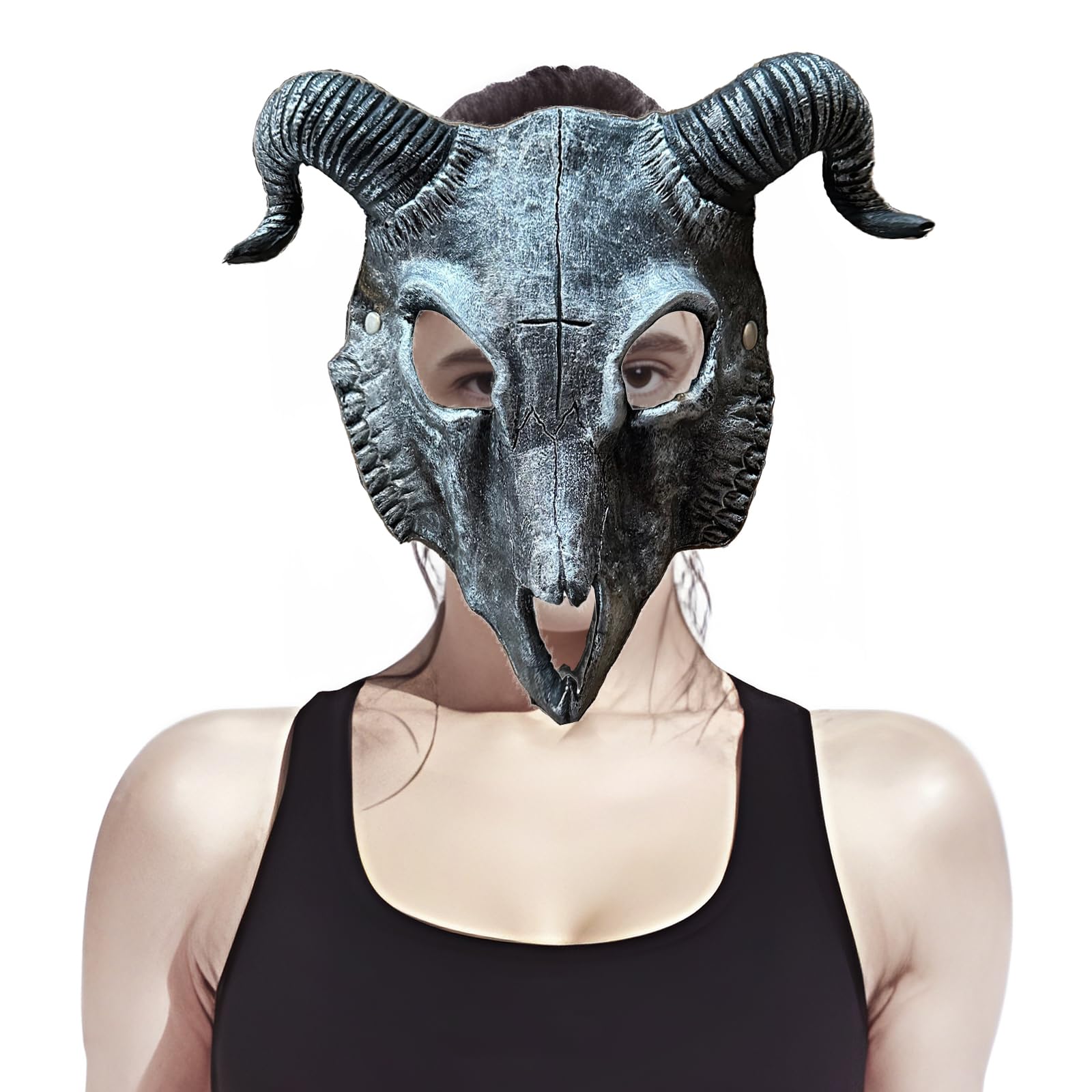 Halloween Half Face Scary Animal Mask,Carnaval Sheep Horn Ghost Devil Demon Mask,Easter Horror Headgear Festival Fancy Dress Samurai Cosplay Party Costume Prop Accessories for Adult (Silver Goat) - Image 2