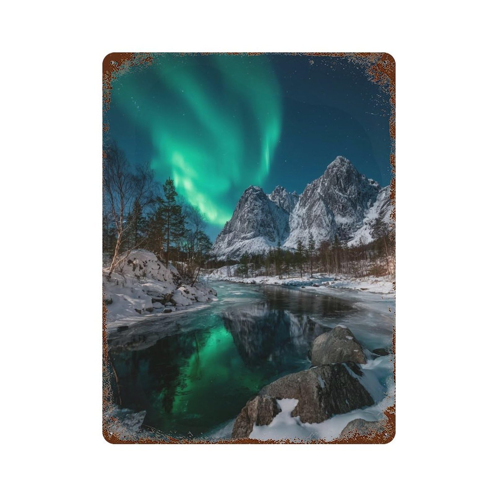Distressed Metal Wall Sign with Aurora Borealis Reflection in River Design 15.7"x11.8", for Cafe, Home Bar And Lounge Decor, Retro Wall Decor