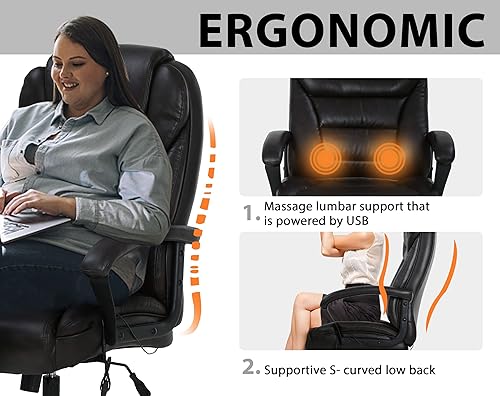 Miniatura 5 de Silla de oficina ejecutiva ergonómica de 500 libras, silla de escritorio con respaldo alto y soporte lumbar de masaje, mecedora giratoria para