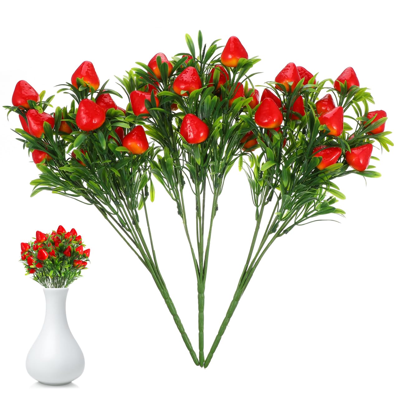 BESPORTBLE 3Pcs Artificial Strawberry Stems for Home Decor, Realistic Fake Berry Bouquet and Faux Fruit Branches for Vase, Floral Picks for Summer Table Arrangement