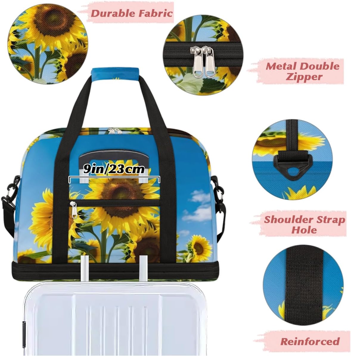QsirBC Interesting Sunflowers Theme Gym Bag for Women Duffle Tote with Shoes Compartment Men Weekender Duffel for Dance Travel Sports Swimming Overnight