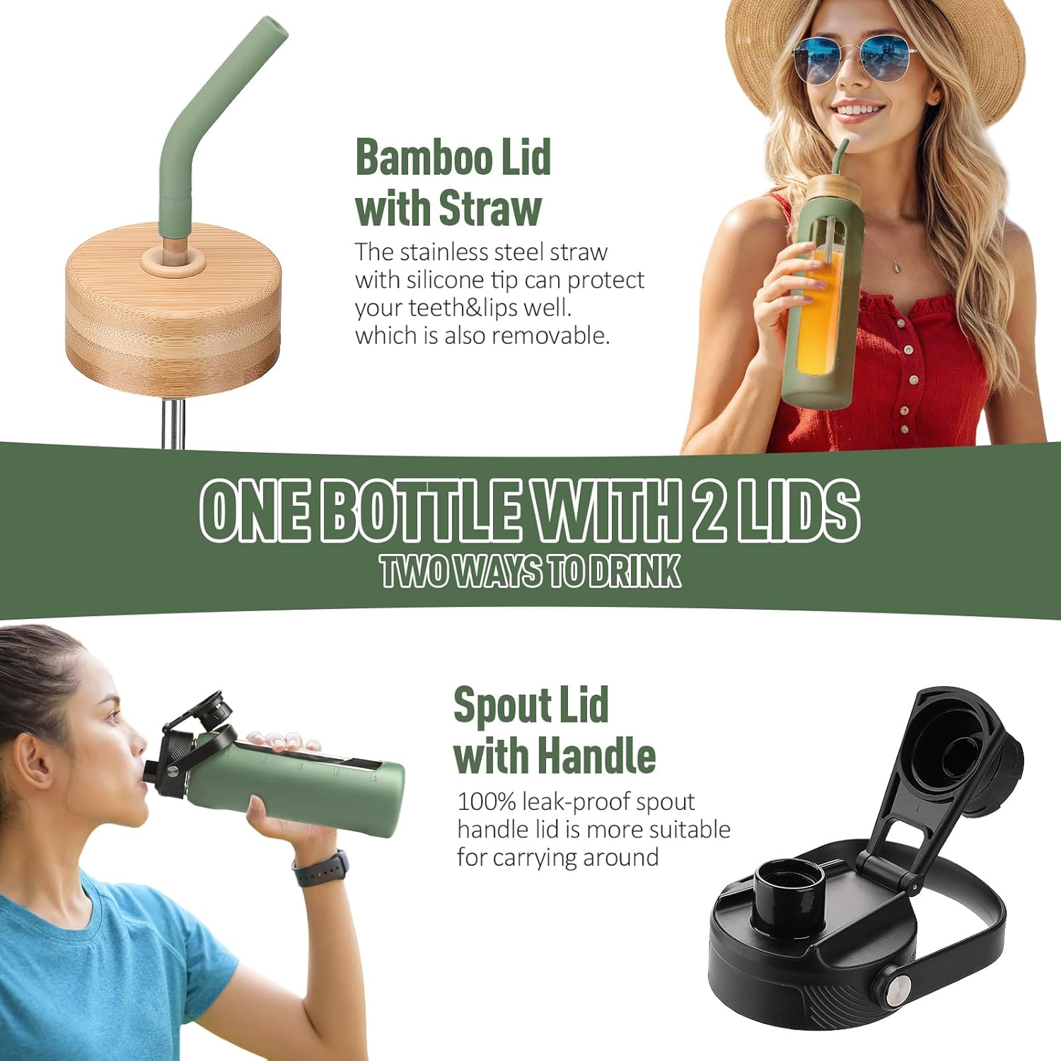 Kodrine Water Bottle with Straw, 24 oz Glass water Bottle with 2 Lids Bamboo Straw Lid and Spout Lid with Handle, 32 oz Clear Water Bottle Glass for Sports Travel, Waterbottle with Time Marker - Image 2