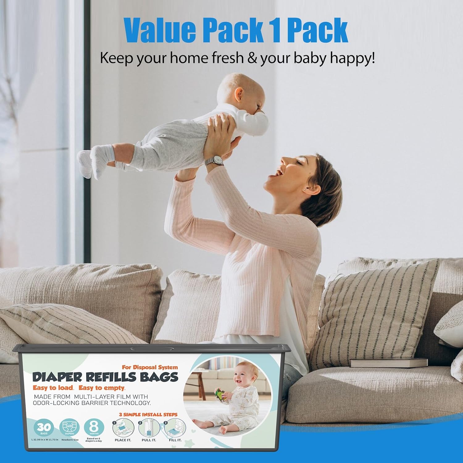 Diaper Pail Refills Bags with 30 Bags (Baby Powder Scent) Compatible with Genie Easy Roll Signature and Platinum Diaper Pails, 7-Layer Odor-Barrier Technology 1 Pack (30 Bag)
