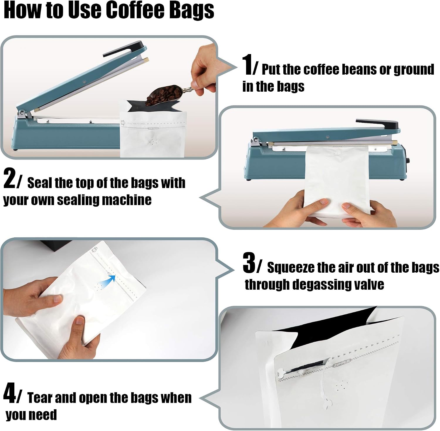100 Pieces 16 Ounce White Kraft Paper Coffee Bags, Stand Up Coffee Pouches with One Way Degassing Valve and Reusable Side Zipper (Pull Tab to Open) Flat Bottom - Stand Up Well (16oz, 1lb, 454gram)