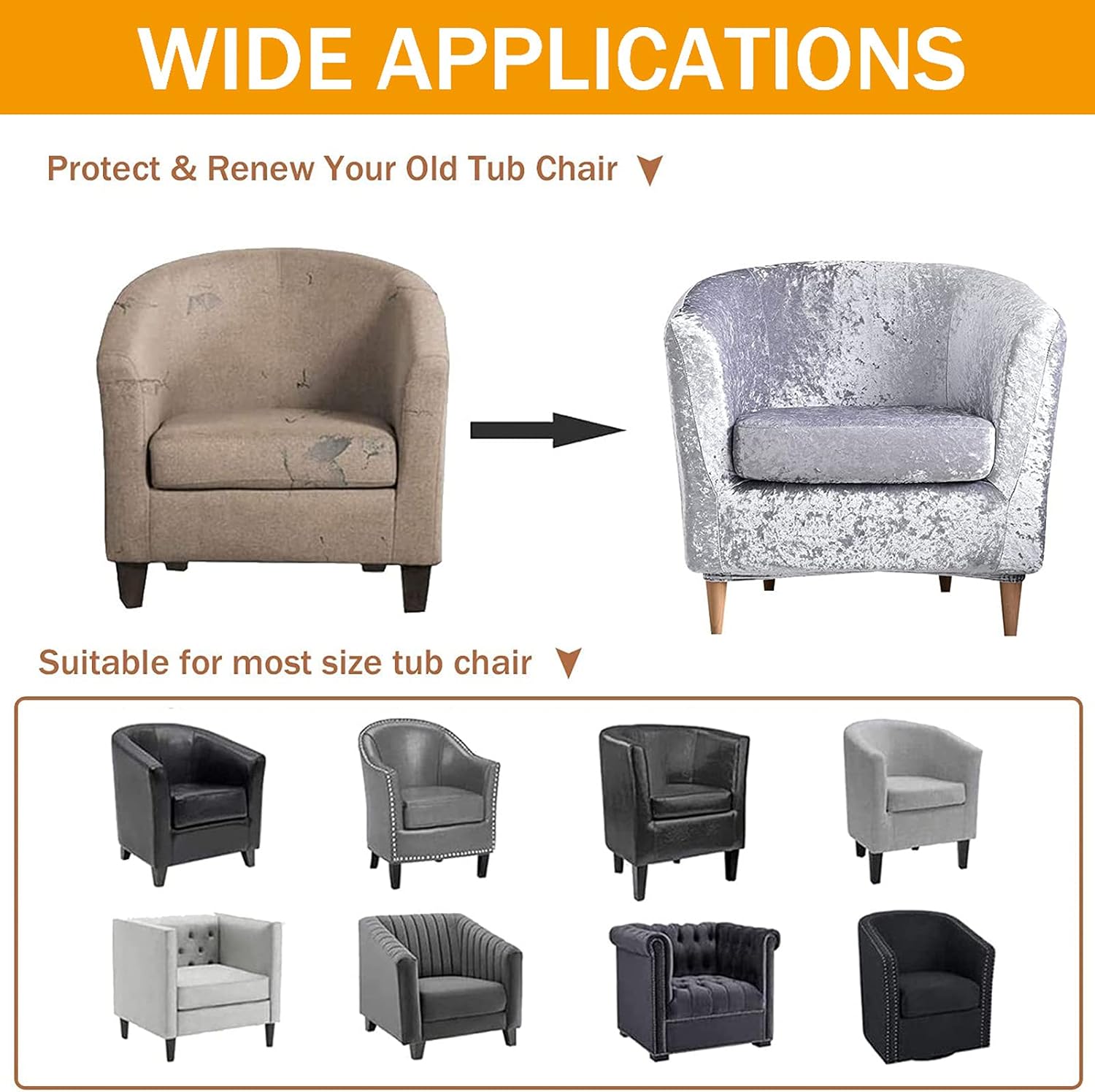 2 Pieces Tub Chair Covers, Crushed Velvet Stretch Club Chair Slipcover with Cushion Cover, Armchairs Sofa Protector for Club Counter (Silver)