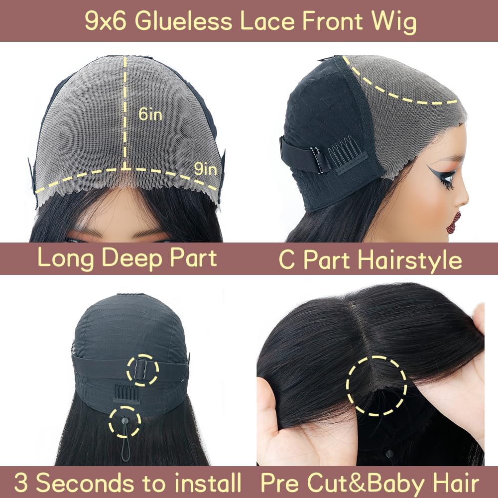 Glueless Wigs Human Hair Pre Plucked Pre Cut 9x6 Straight Lace Front Wigs 250 Density Invisi Drawstring Wigs 12A Brazilian Virgin Human Hair Wigs Ready to Wear Wig 30 Inch