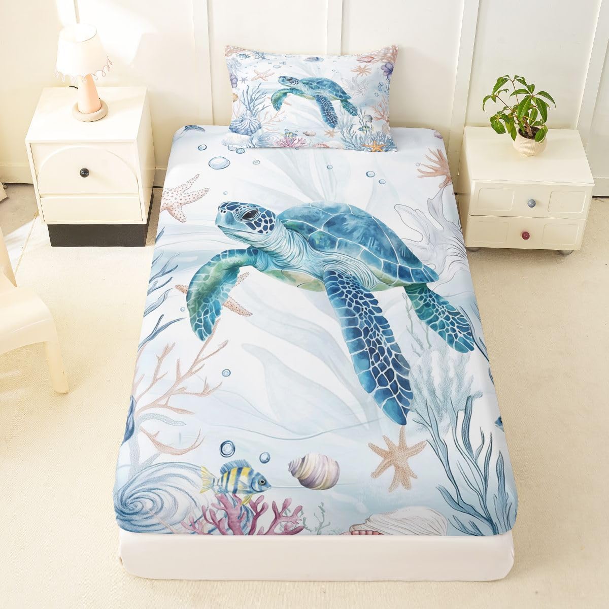 Erosebridal Sea Turtle Fitted Sheet Twin for Kids Girls - Summer Nautical Ocean Bed Sheets Watercolor Marine Animal Bedding Set,Coastal Coral Seashell Bed Cover 2 Pcs