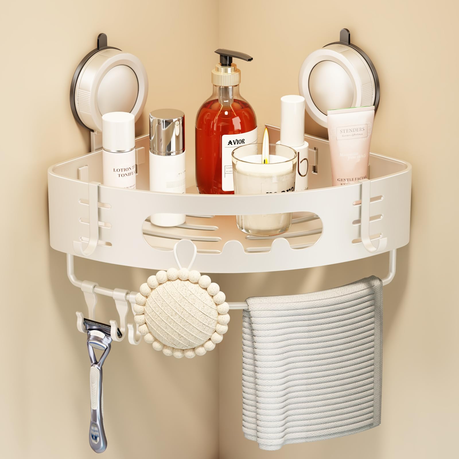 Voldra Corner Shower Caddy Suction Cup, Shower Shelf Coner No Drilling Bathroom Coner Shelves Aluminum Suction Shower Organiser Rack Adhesive Corner Caddy with Towel Bar Wall Mounted(1 Pack, White)
