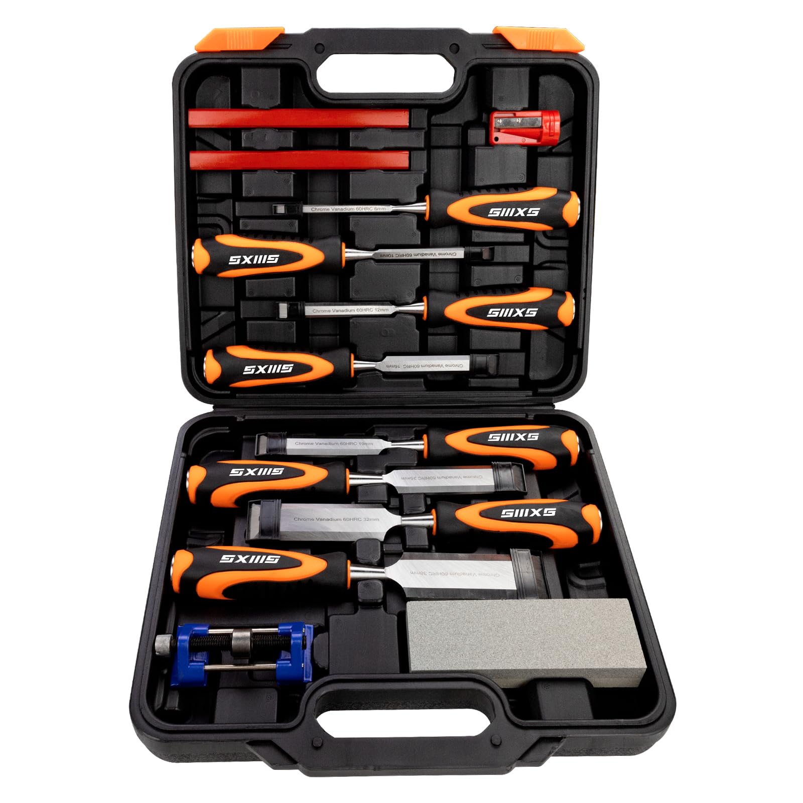 Set of 8 Wood Chisels, 8 Wood Chisels with 1 Sharpening Guide, 1 Sharpening Stone and 2 Carpenter's Pencils