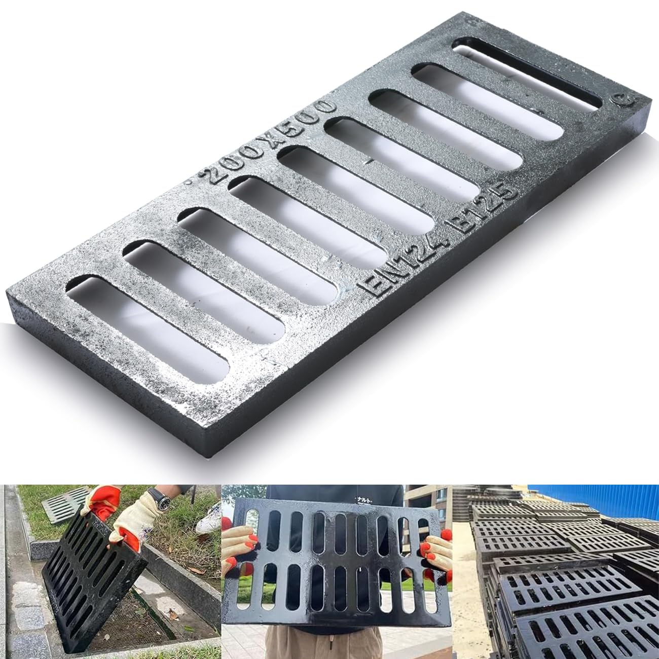 20x8 Cast Iron Drain Grate,B125 Outdoor Metal Grate for Storm Drain | Heavy-Duty Rectangle Channel Grate, Sewer Grate for Drainage, Trench Drain Cover for Driveway, Concrete Floor, Yard, Garage.