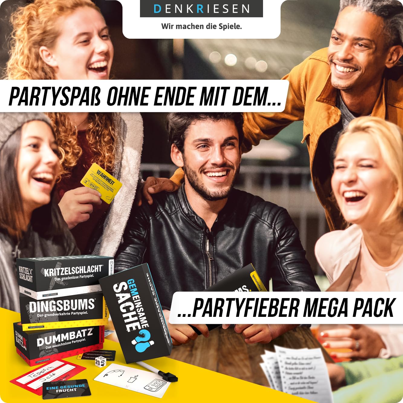 DENKRIESEN PARTYFIEBER MEGA Pack - ab 10 Jahren & 3-8 Spieler | 4 Spiele in 1 Bundle: KRITZELSCHLACHT, DUMMBATZ, GEMEINSAME Sache & DINGSBUMS | Partyspiele | Familienspiele | Gesellschaftsspiele