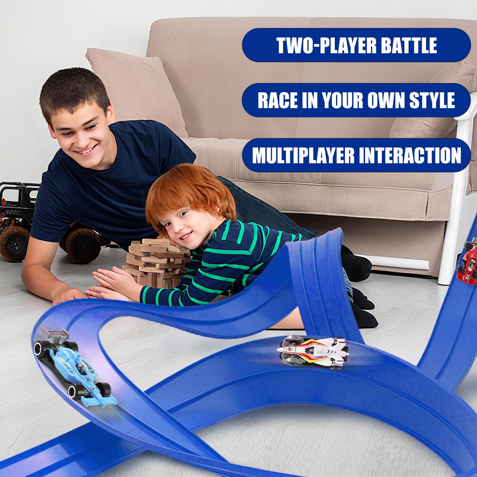 Pista Macchinine Flessibile 5 Metri, Pista Cars con 4, Piste Macchinine per Bambini Giocattolo Regalo per Bambini a Partire dai 3 anni in su