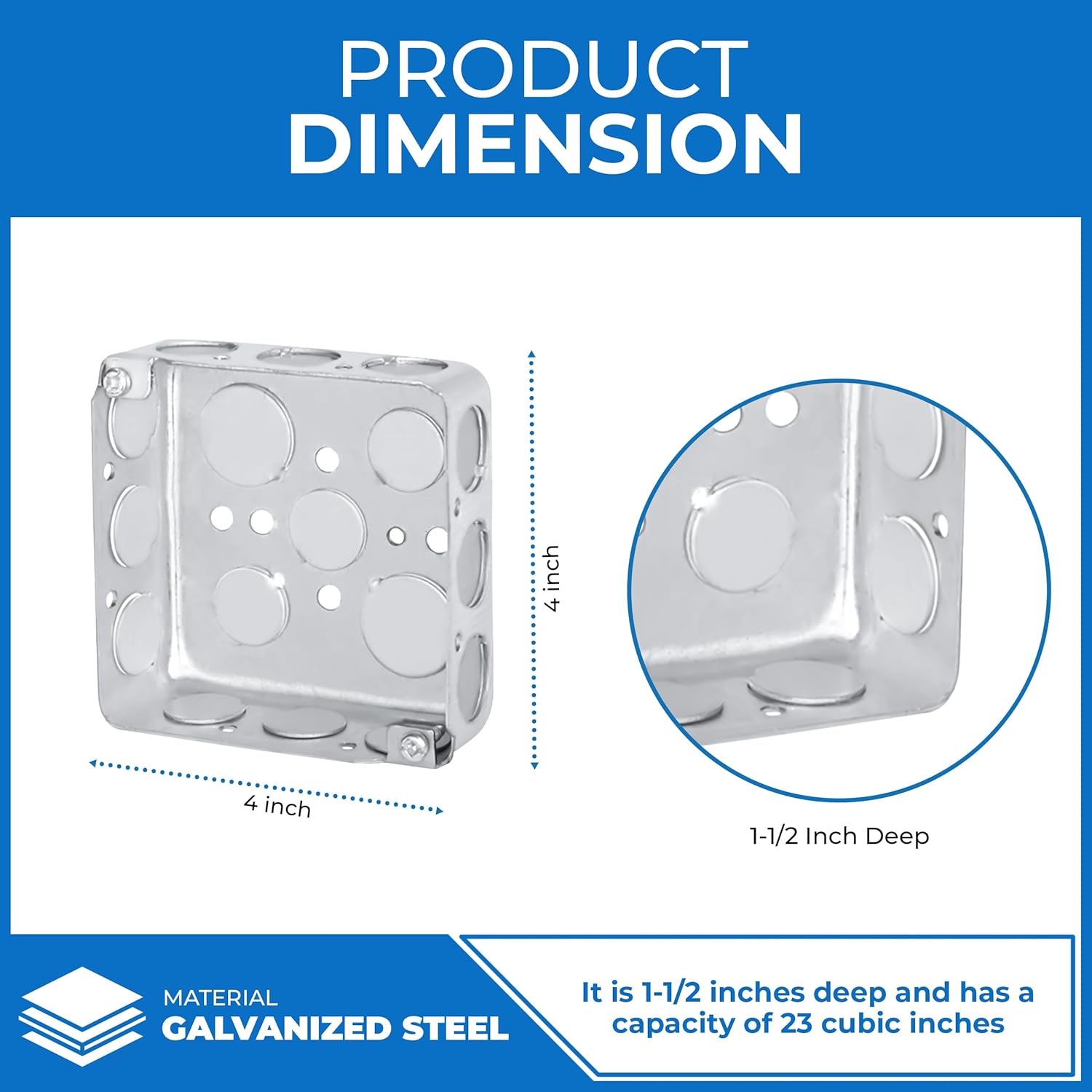 OHLECTRIC 4-Pack 4" Drawn Square Electrical Box with 1/2-Inch Knockouts | 1-1/2" Deep Junction Box, Made of Galvanized Steel | Ideal for Lighting Fixtures, Switches and Receptacles | UL Listed