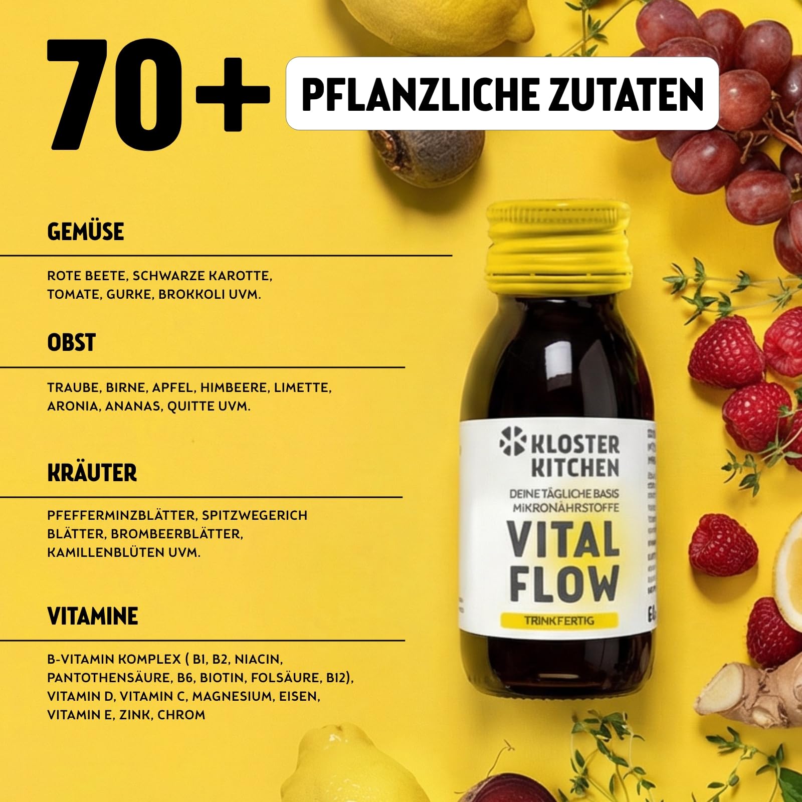 Kloster Kitchen Mikronährstoff Trinkfertig Vital Flow | 30x 60 ml - 74 Zutaten | Obst, Gemüse & Kräuter - Vitamine, Mineralstoffe & Spurenelemente | Mikronährstoffe Saft Flüssig Vegan