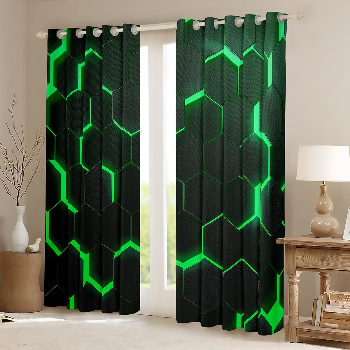 Honeycomb Curtains for Bedroom Green Hexagonal Window Treatment Abstract Beehive Window Drapes Ultra Soft Decor Window Draperies for Kids Boys Girls Adults W46*L54 - Image 2