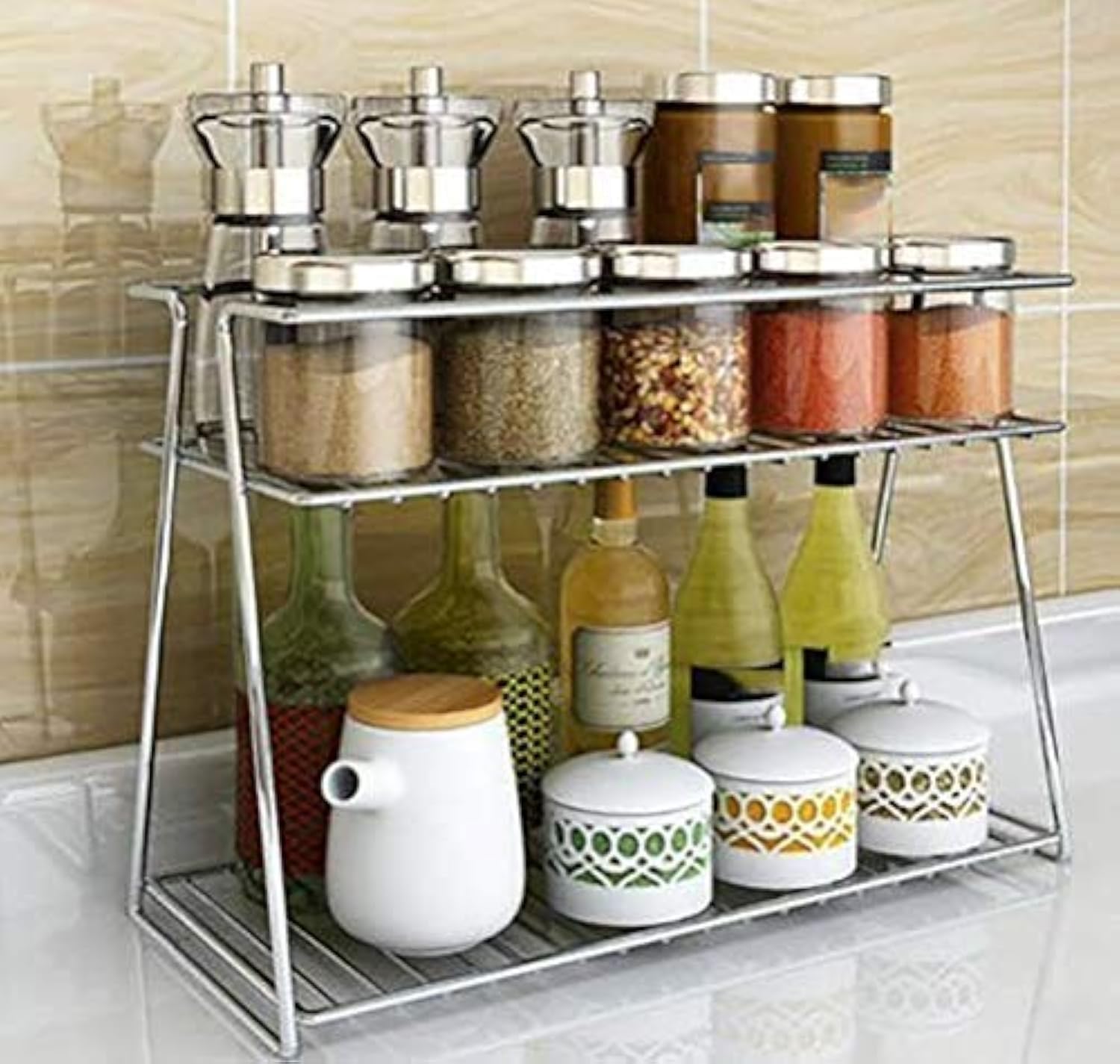 Cri8Hub Stainless Steel-2 Tier Kitchen Rack-Spice Boxes-Organizer-Kitchen Stand -Cosmetic Organizer, Counter Top Basket -Floor Mounted Shelf For Home And Bathroom(33 * 15 * 24) Cm, Tiered Shelf