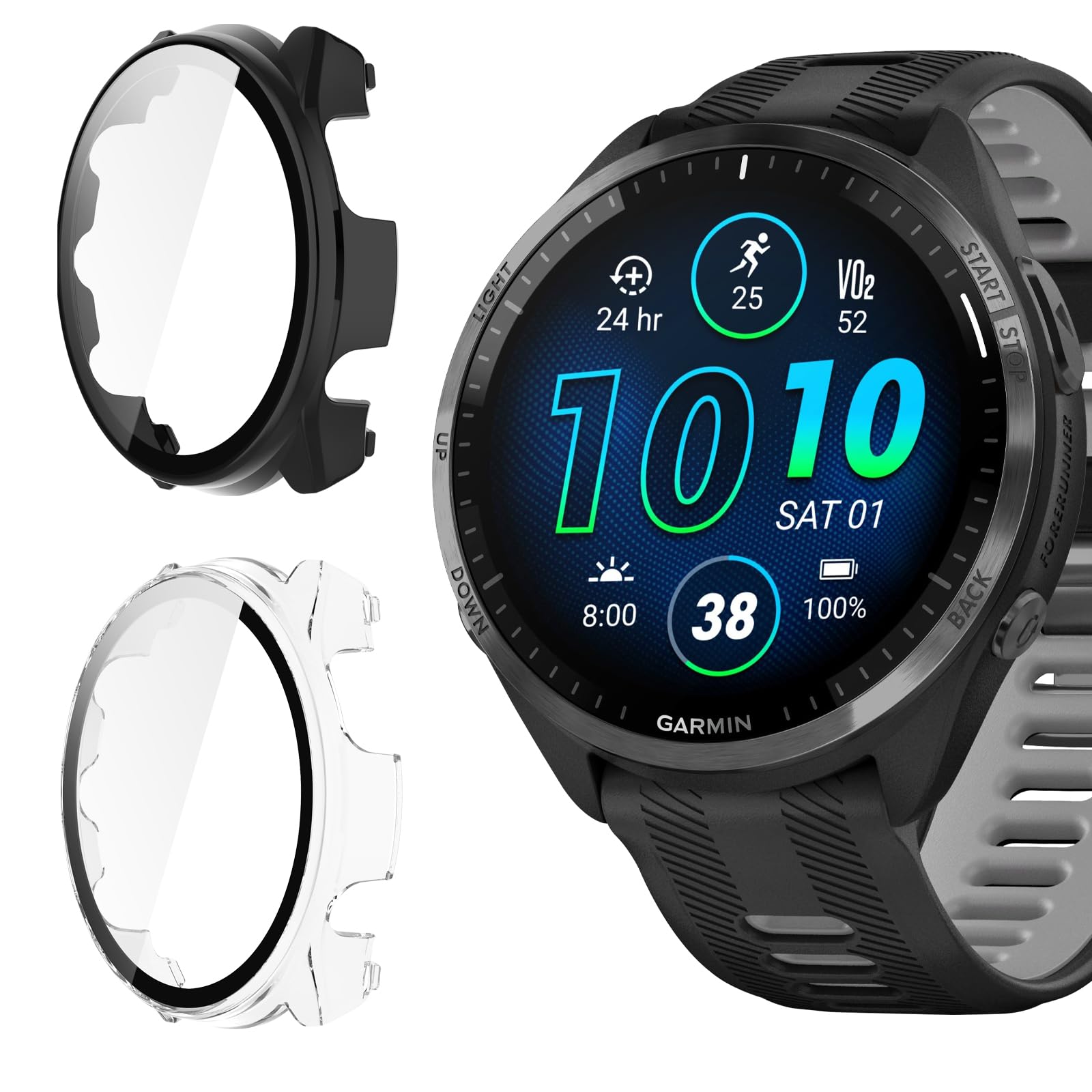 Coque Garmin Vivoactive 5 - 2 Pièces Protection Totale PC + Verre Trempé 9H, Transparent Et Noir