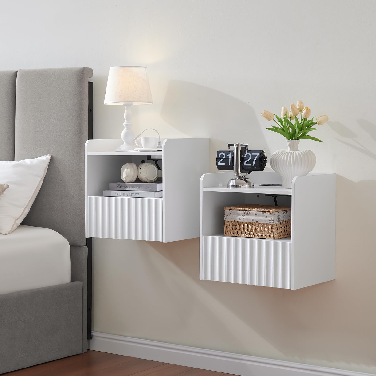BuildHom Modern Fluted Floating Nightstand Wall Mounted Set of 2- Bedside Table with Storage Drawer & Display Shelf, Minimalist Bedroom Furniture for