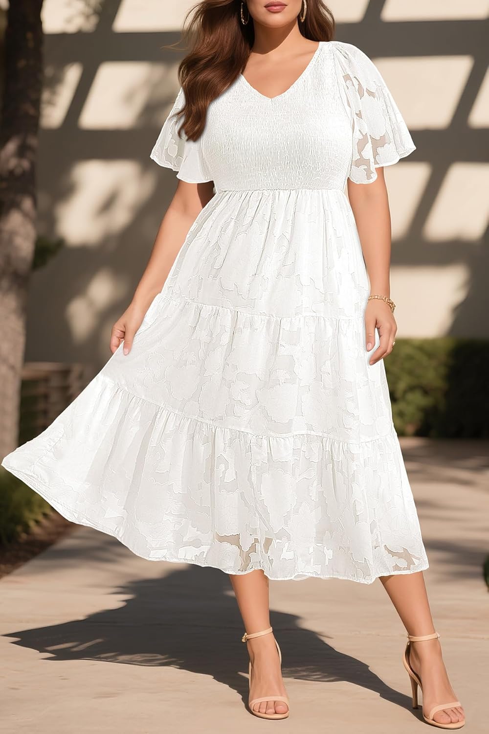 Pinup Fashion Plus Size Fall Wedding Guest Dress - Long Sleeve V Neck Floral Lace Smocked Flowy Tiered Midi Dress - Image 3