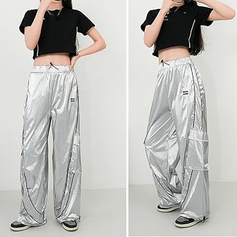 Streetwear Hip hop Silver Street Dance Techwear Reflective Pants Casual Athletic Pockets Cargo Pants for Women