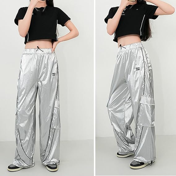 Streetwear Hip hop Silver Street Dance Techwear Reflective Pants Casual Athletic Pockets Cargo Pants for Women