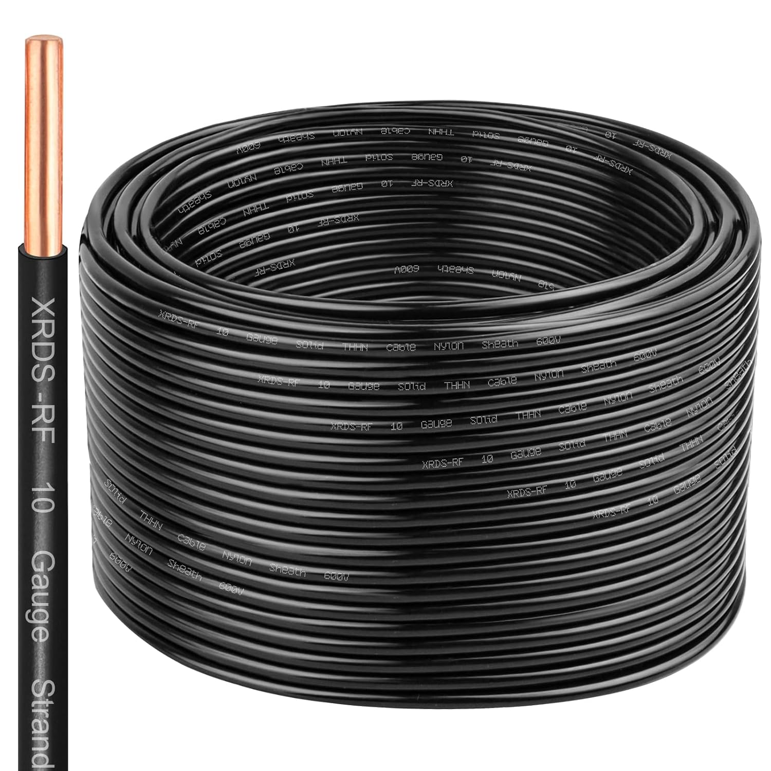 THHN Wire 200 FT, Single Bare Copper Conductor, 10AWG Black Electrical Wire, Solid Building Wire 600V Nylon Sheath Cable for Indoor/Outdoor Applications