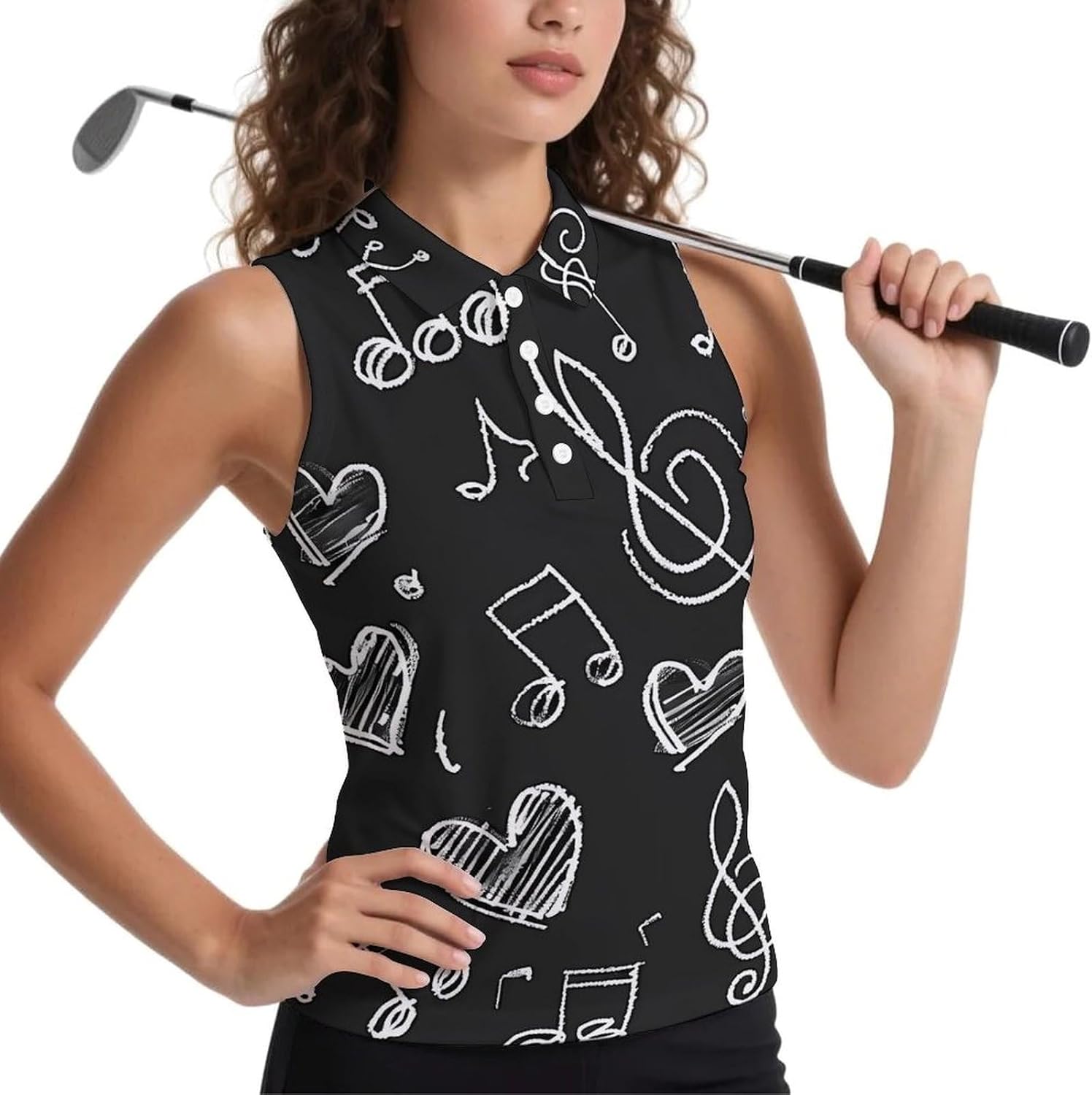 Chalkboard Music Notes Hearts Women Sleeveless Collared Golf Polo Shirt | V Neck Tank Top,Breathable Tennis Shirts