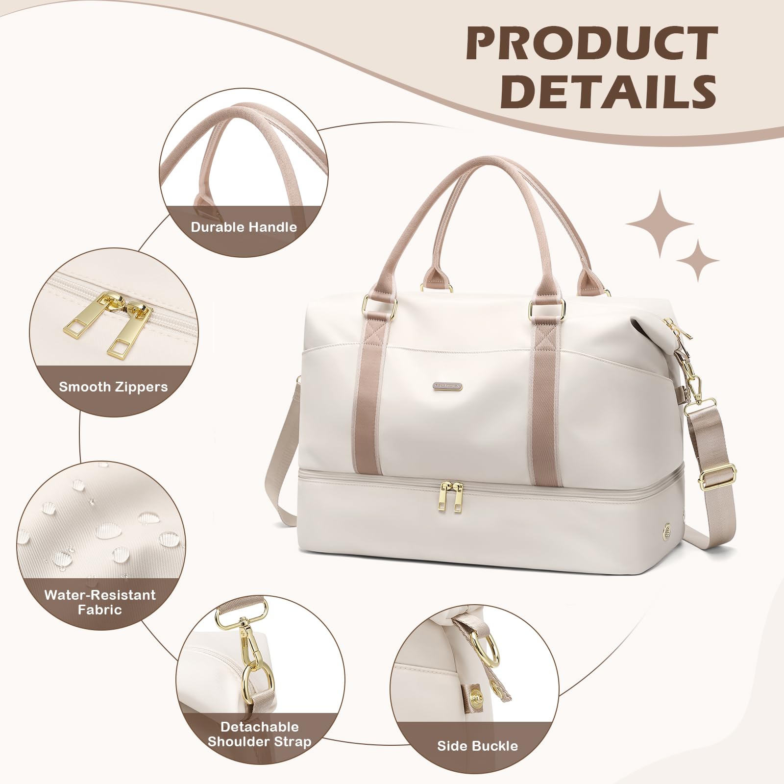 46L Reisetasche Damen, Groß Weekender Handgepäck Tasche mit Kosmetiktasche, Schuhfach & Nassfach, Kliniktasche, Trainingstasche, Sporttasche, für Flugzeug Reisen (Cremefarben)