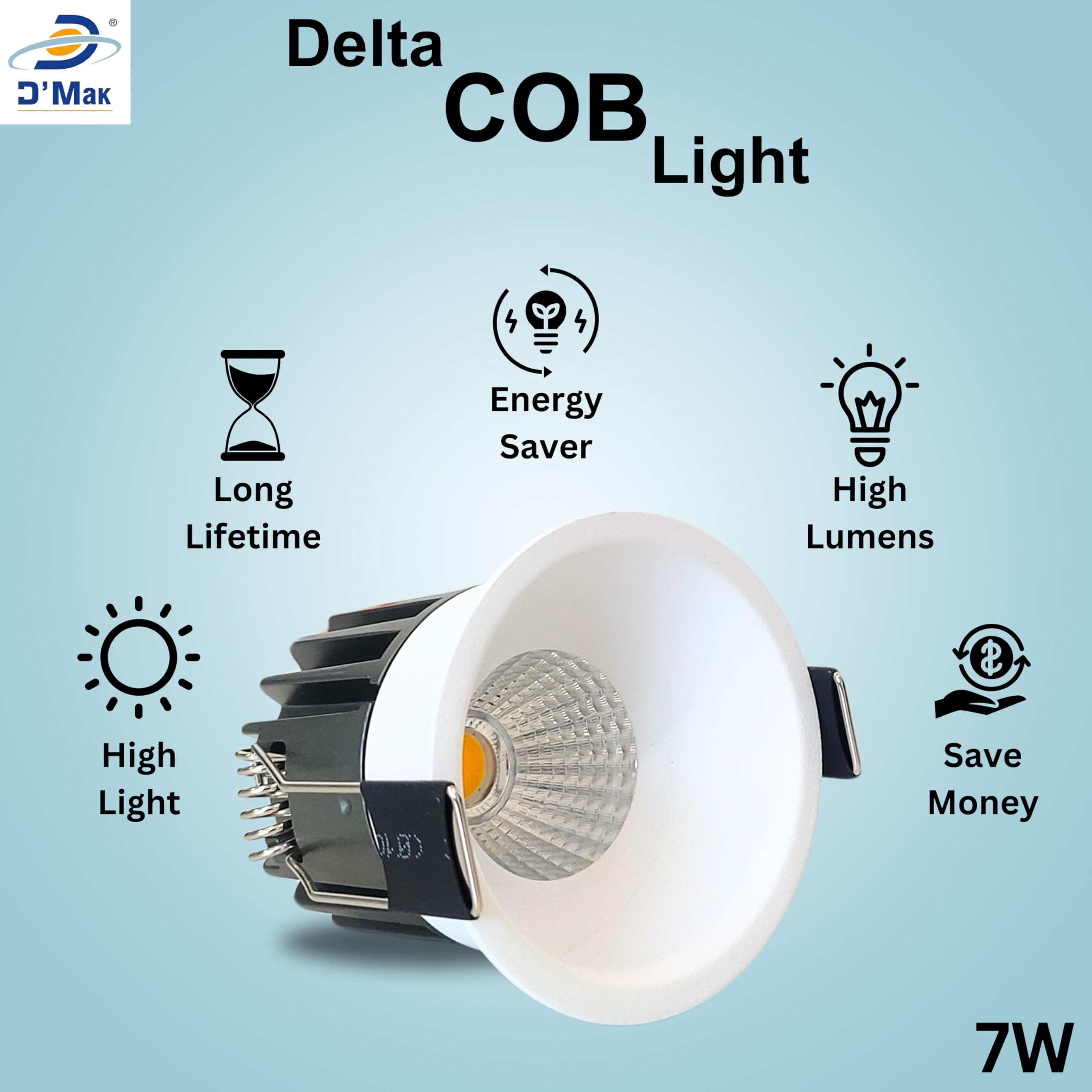 D'Mak 7W White Body LED Deep COB Light | Recessed LED Ceiling Light for Indoor Lighting (3in1, Pack of 5) 2
