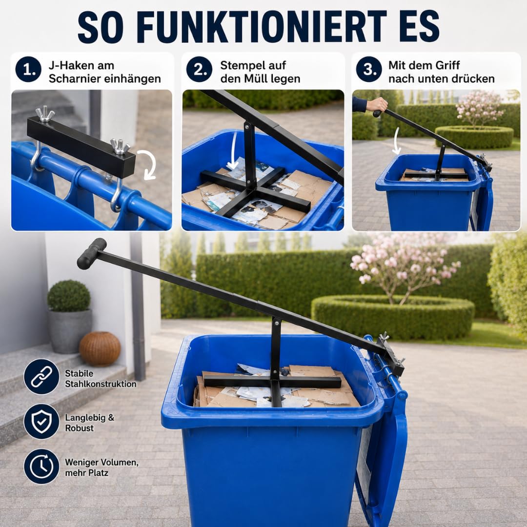 Müllpresse für Mülltonne – Höhenverstellbare Mülltonnenpresse & Abfallpresse für Restmüll, Papiertonne & Kartonagen | Stabile Müllverdichter-Presse mit verstellbarem Griff – Bin Trash Compactor