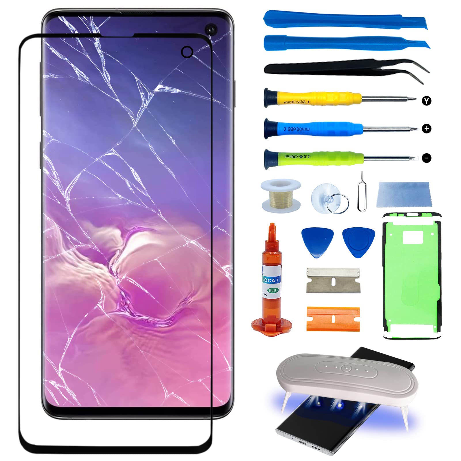 Agzssl for Samsung Galaxy S10 Front Glass Repair Kit Screen Replacement Outer Glass Screen incl Waterpoof Frame Adhesive,Repair Glue and Lamp Tool Kit(No Digitizer,No LCD) 6.1 inch