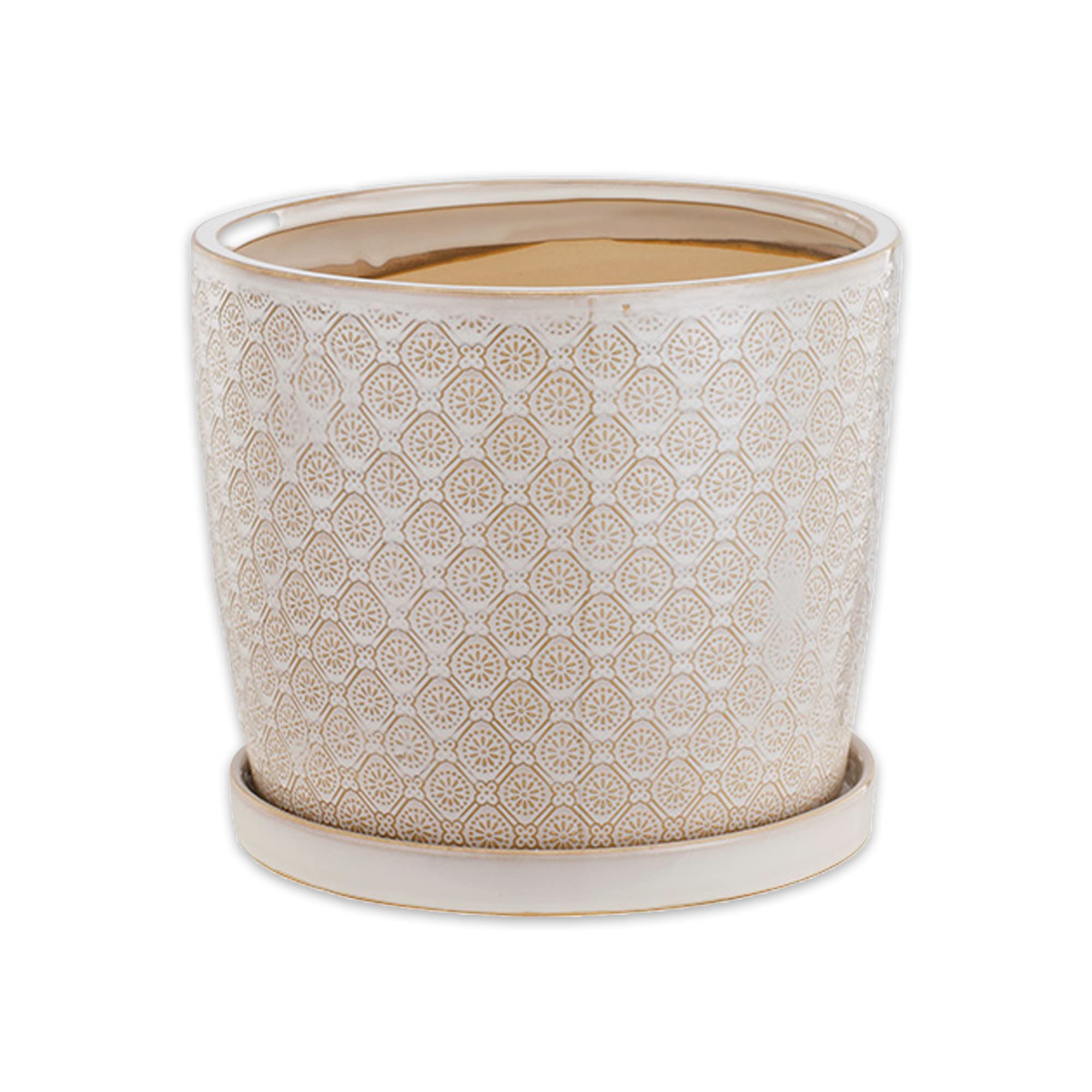 Napco 12445 Antique White Laser White 10.25 x 10.25 Ceramic Standing Container Garden Planter Pot with Saucer