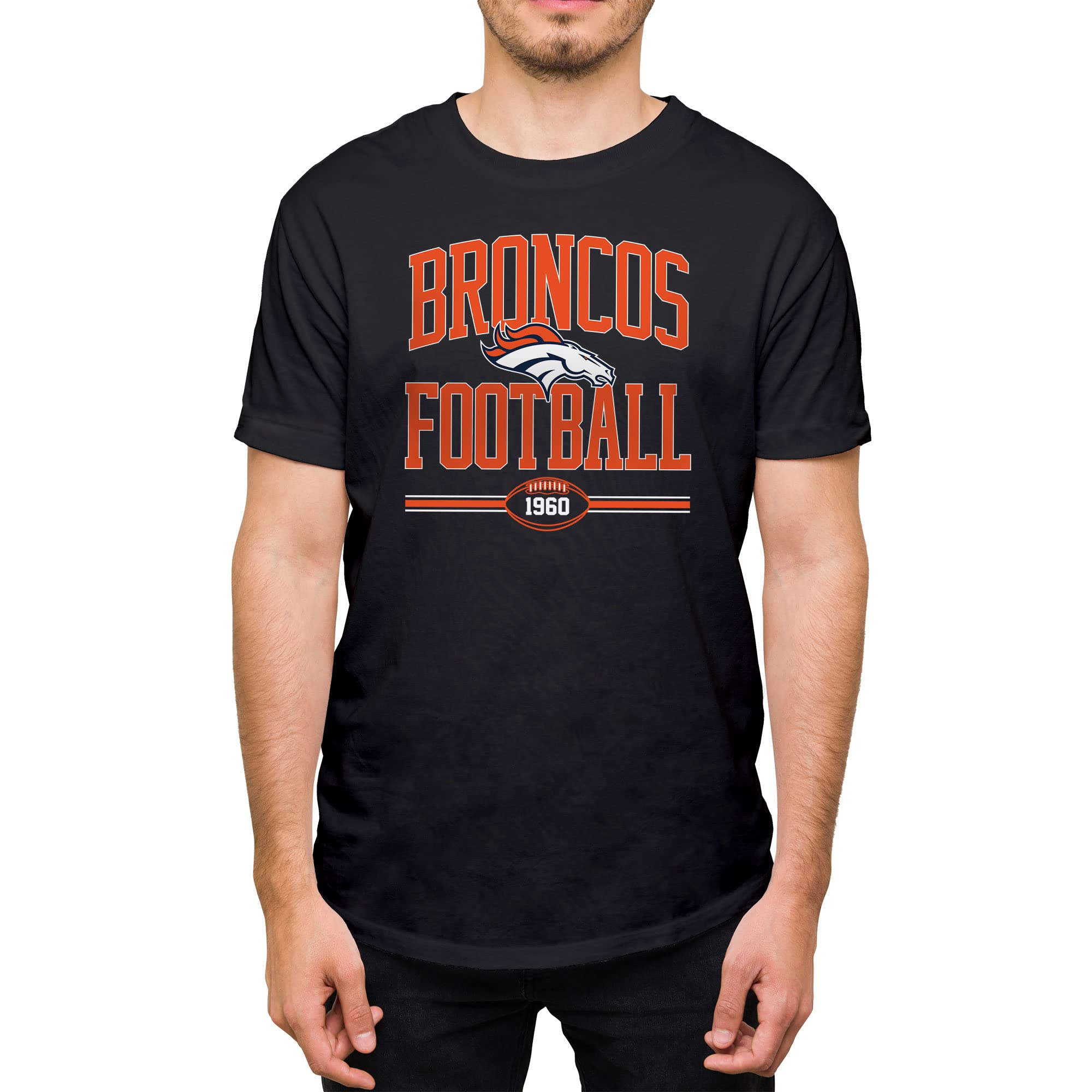 Hybrid Sports NFL Football Arch - Officially Licensed Adult Short Sleeve Fan Tee for Men and Women, Denver Broncos - Black, L