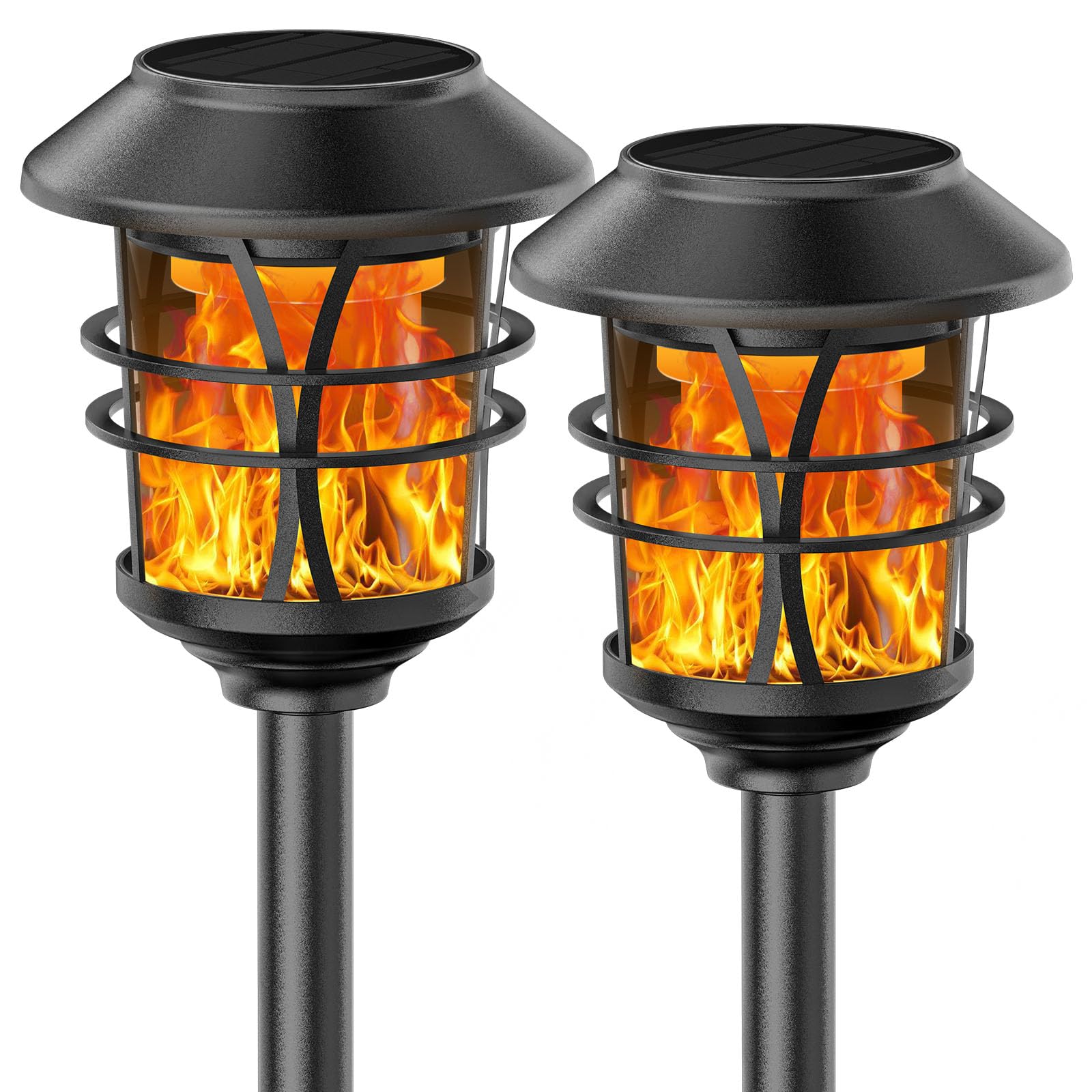 Solarbaby Black/White Solar Lights Outdoor Garden,Metal Solar Flame Lights With 96 Led Dancing Flickering Flame Effect Solar Lantern For Patio Yard Pathway Garden,2 Pack