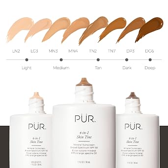 PUR MINERALS Tinted Sunscreen for Face, 4-in-1 Skin Tint - Broad Spectrum Mineral Sunscreen, SPF 50 - Tinted Facial Moisturizer, Primer & Foundation for Sun Protection - Lightweight, Buildable