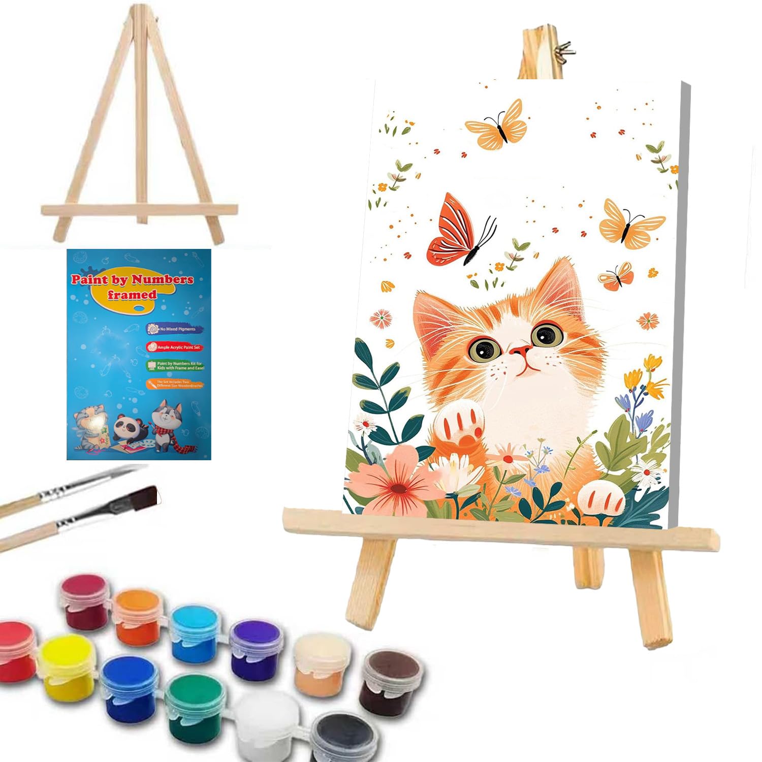 SUHEFAFA Malen Nach Zahlen Kinder- Malen Nach Zahlen Katze Mit Holzrahmen Holzstaffelei ab 5 6 7 8 9 Jahre Mädchen Jungen, Malen Kinder mit Rahmen 2 Pinsel und Acrylfarben, 20X30cm