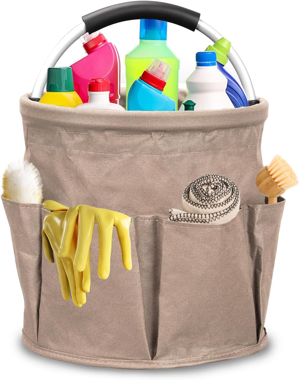 LINGMING Foldable Cleaning Caddy with Handle, Multi-Pocket Organiser Basket for Cleaning Supplies, Portable Space Saving Storage Tote Khaki-Ling