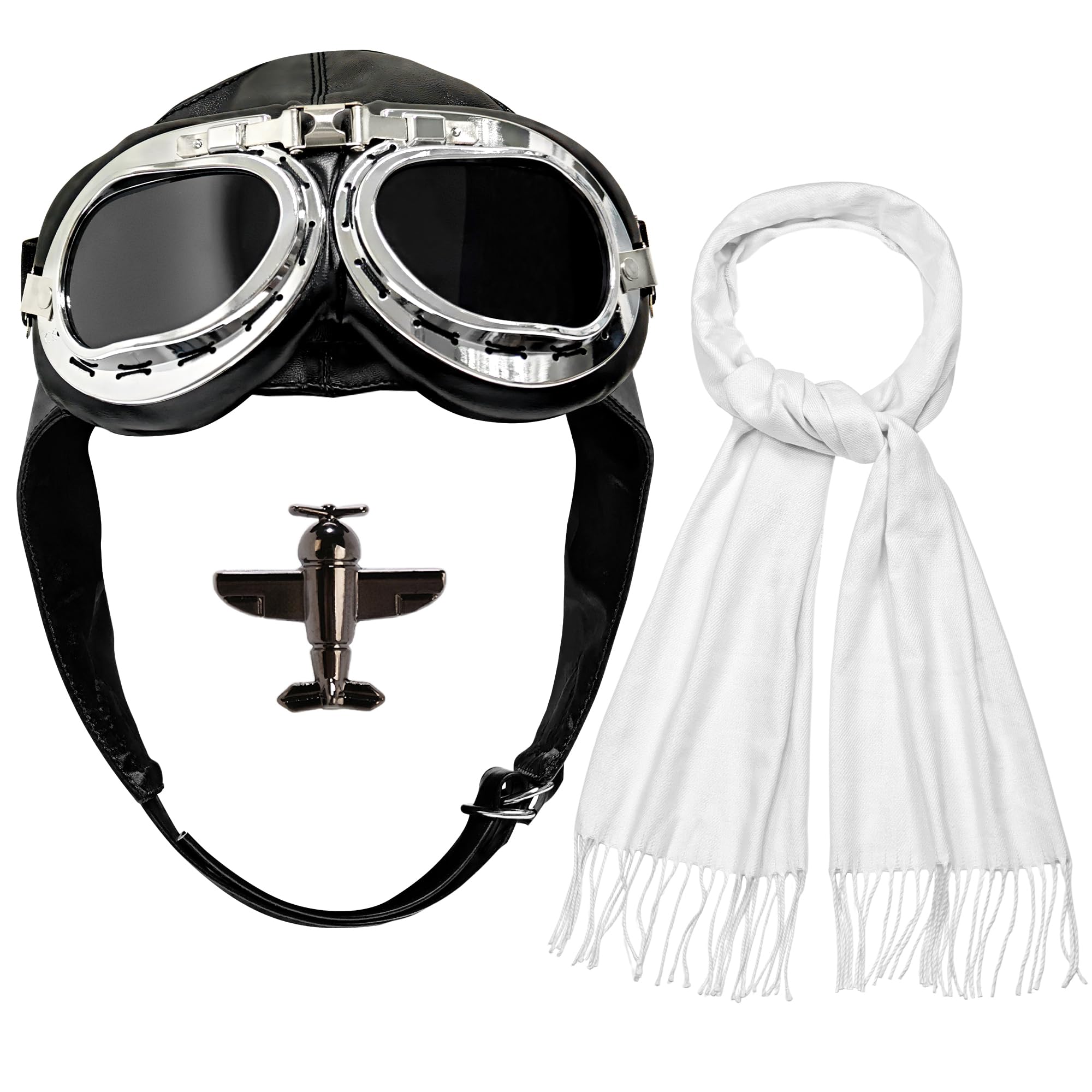 Horolam 4 PCS Aviator Costume Accessories, Aviator Hat With Goggles Pilot Cap White Scarf Brooch for Men Women