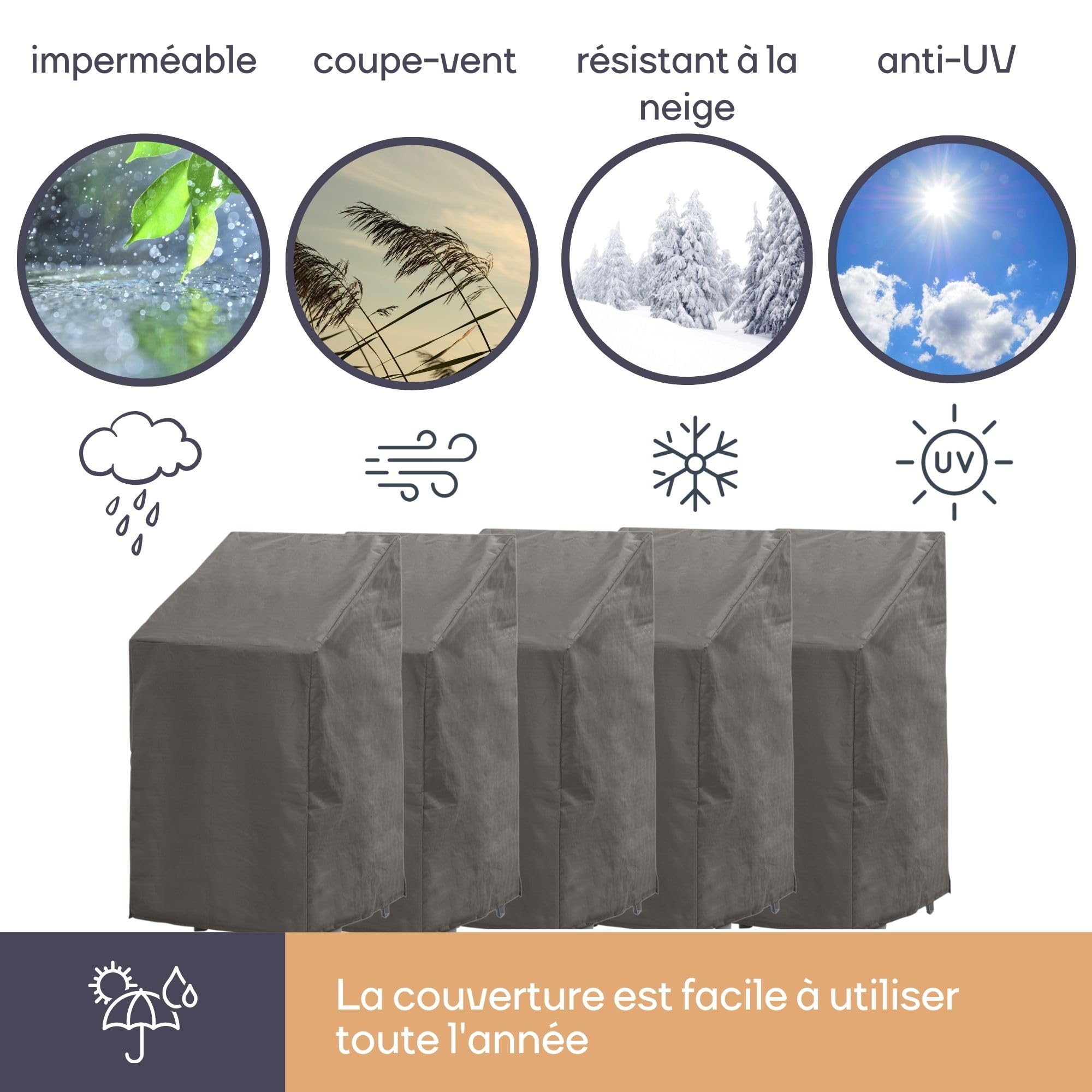 Perel Housse pour chaises empilables 66 x 95 x 133 cm, résistante à l’Eau et aux UV, Housse Solide pour 4–6 chaises, Tissu Respirant, idéale pour Une Utilisation extérieure