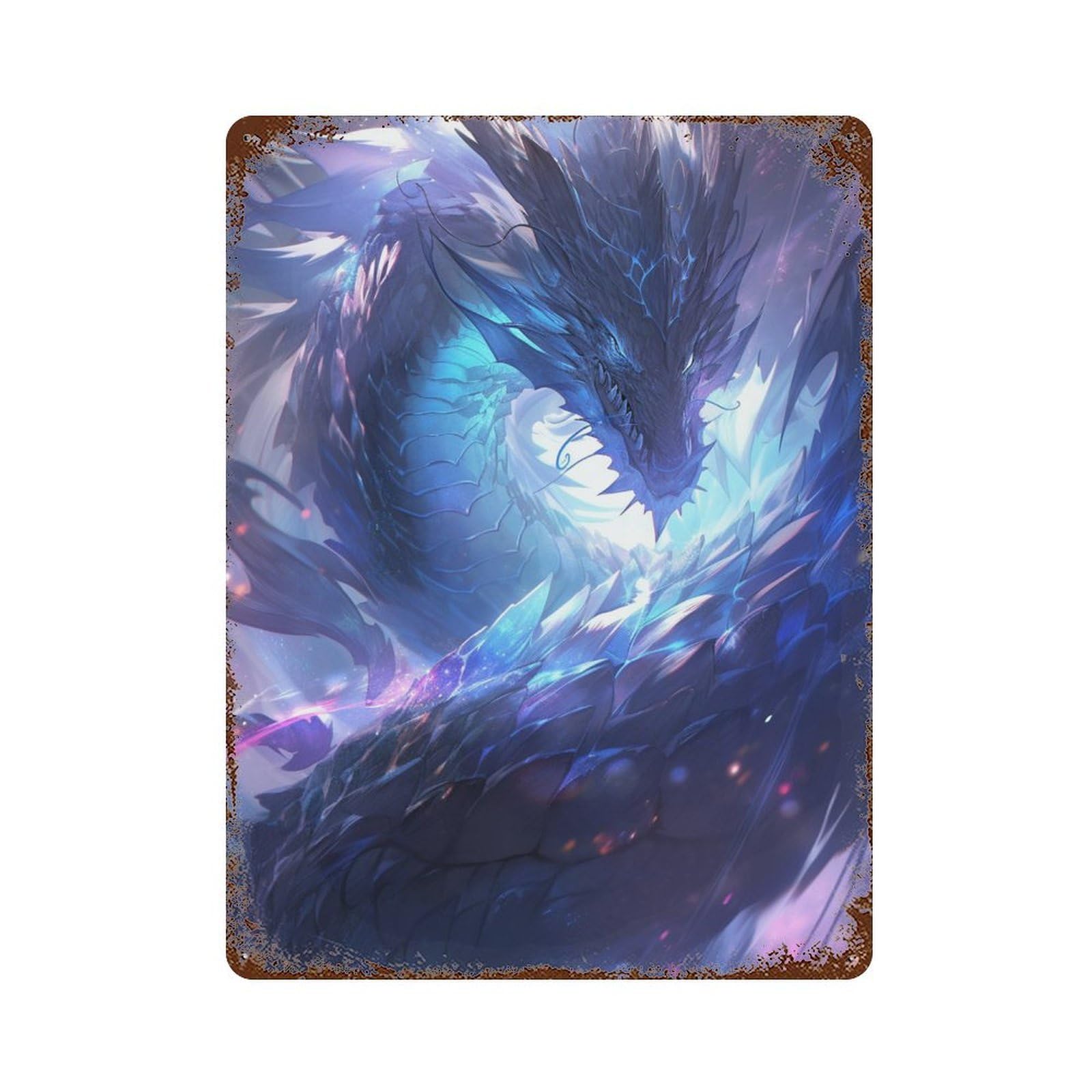 Blue Dragon Fantasy Artwork Rust Effect Tin Sign 15.7"x11.8", Industrial Home Decor for Basement, Hobby Room And Garage Decor