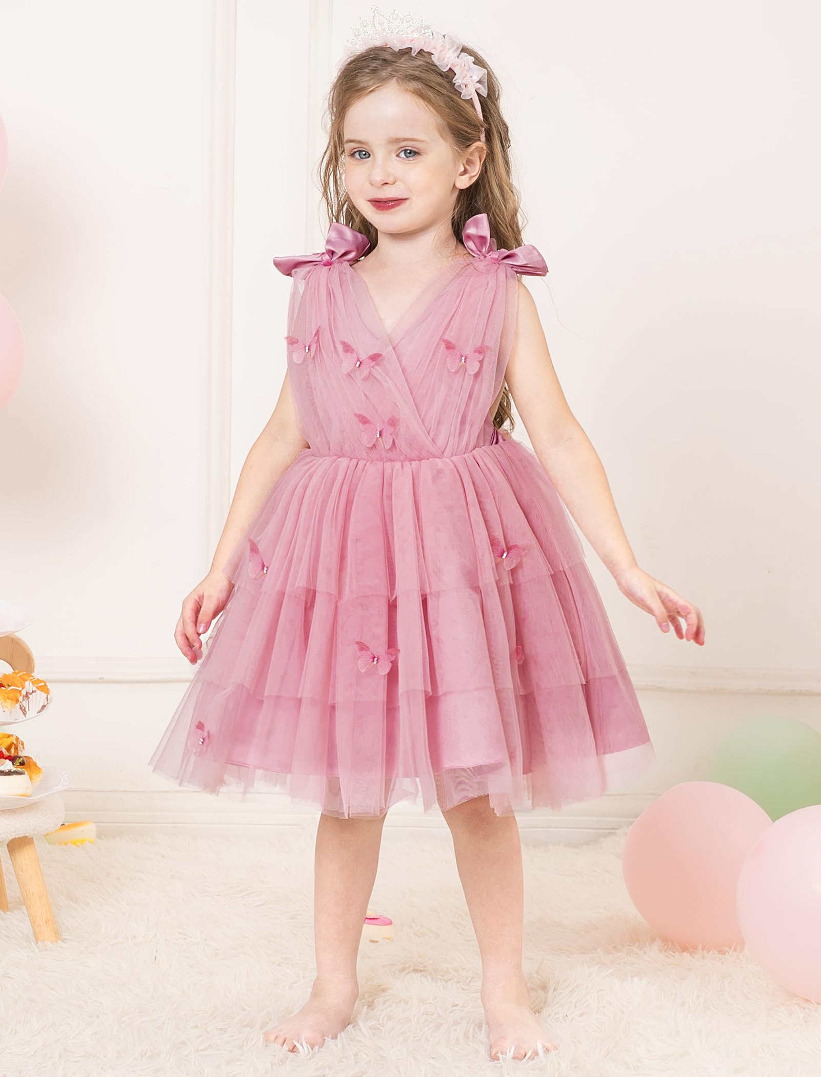 IDOPIP Bébé Fille 3D Papillon Tulle Robe Arc épaule V Cou sans Manches Princesse Demoiselle d'honneur de Soirée