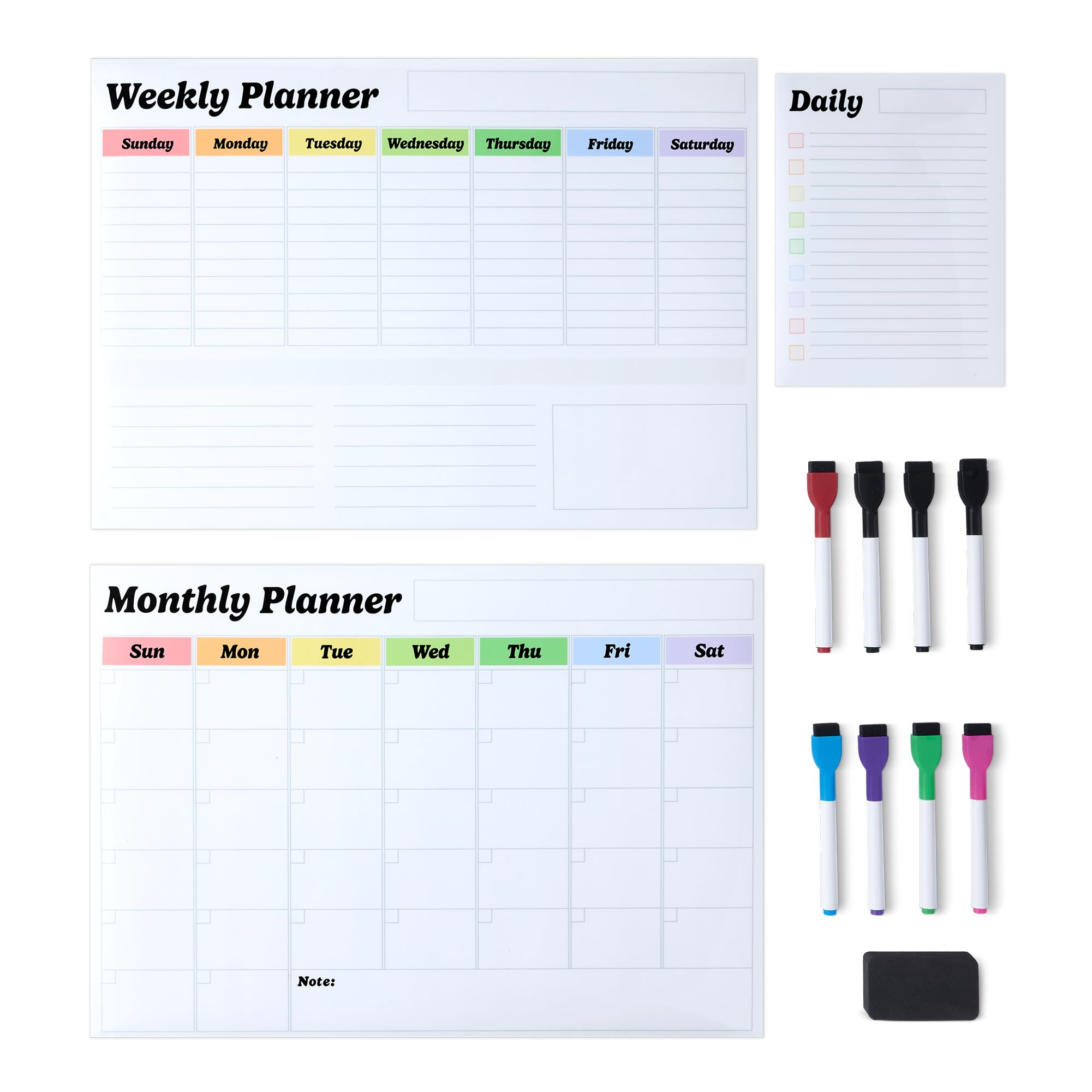 Amazon Basics 3-Pack Magnetic Dry Erase Calendar Whiteboard Set for Fridge, Wall Organisation, Monthly, Weekly, Daily Planner, Includes 8 Markers and 1 Eraser
