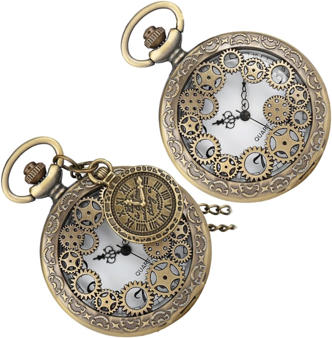 2pcs Classic Vintage Roman Dial Pocket Watch Accessories with Gear Chain Retro Hanging Timepiece for Men and Women Decorative Steampunk Style